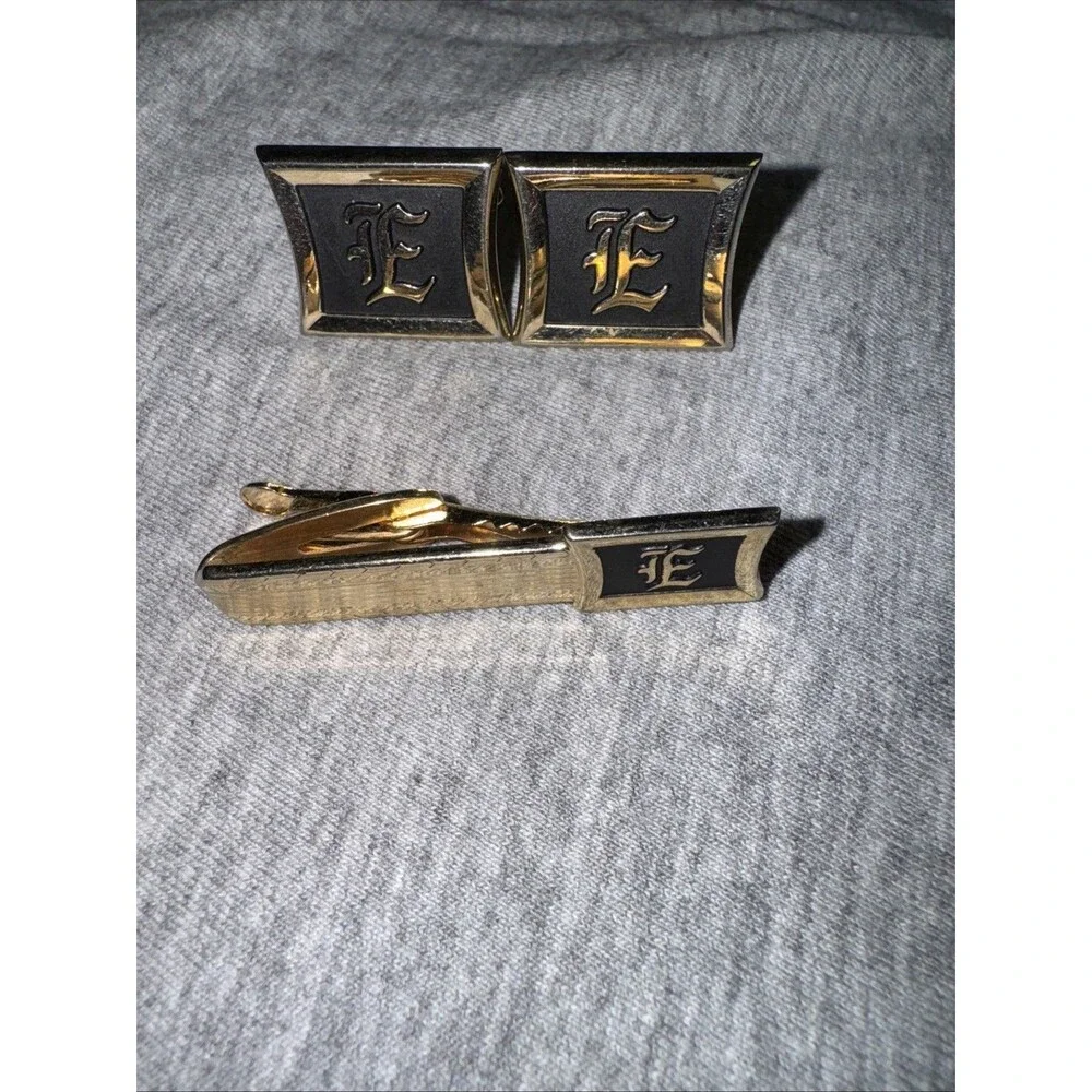Vintage Hicock Initial Monogram “E” Tie Tack And Cuff Links Set Goldtone